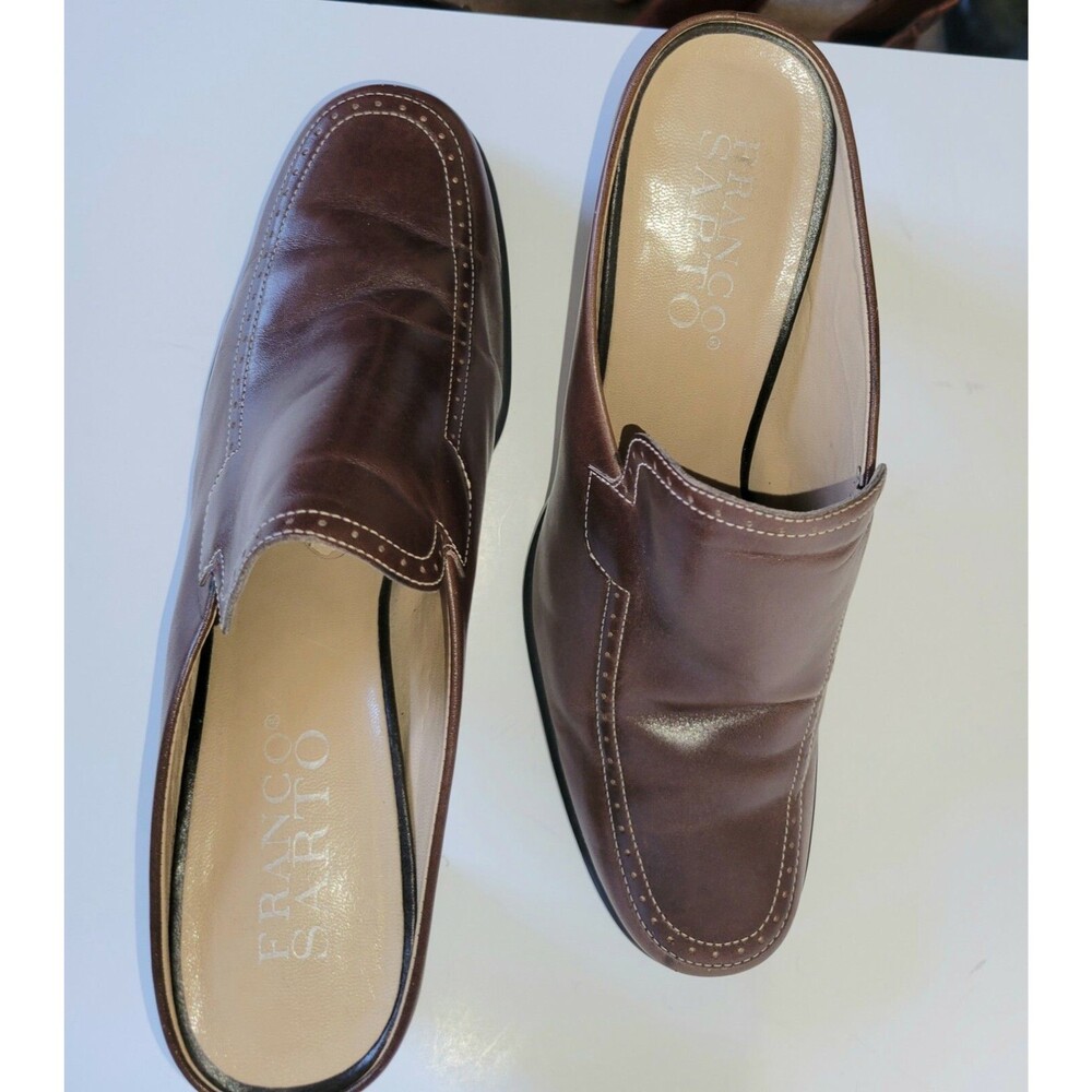 FRANCO SARTO NOVA Brown Leather Heeled Slides Loafer Clog Mules Shoe 8.5M - Picture 9 of 9